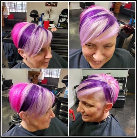 Pink, purple, and lavender pixie cut, four studio angles